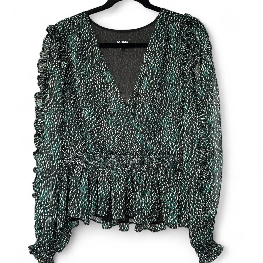Express Black & Green Printed Ruffle Surplice Blouse